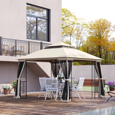 MIVRAY Gartenpavjoen – Dubbeldak Met Goede Ventilatie – 2,99 x 2,99 M – Metaal En Polyester – Beige – Voor Tuin En Terras