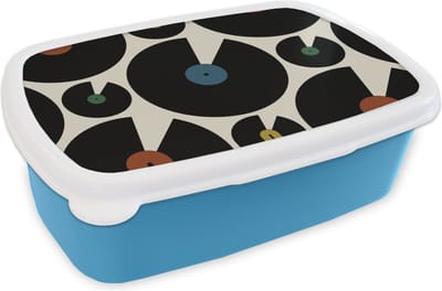 Broodtrommel Blauw - Lunchbox - Brooddoos - Muziek - Platen - Patronen - 18x12x6 cm - Kinderen - Jongen