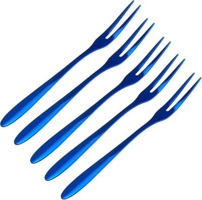 Saladevorken roestvrij staal kleine vorken gouden 2-tine fruitvorken draagbare dessertvorken, 5 verpakkingen Blauw