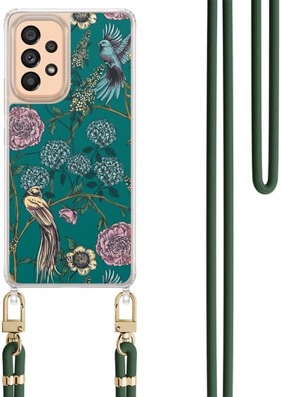 Hoesje met koord geschikt voor Samsung Galaxy A53 - Vogels Japanse bloemen - Inclusief Groen koord - Crossbody beschermhoes - Transparant, Groen - Mooie Telefoonhoesjes