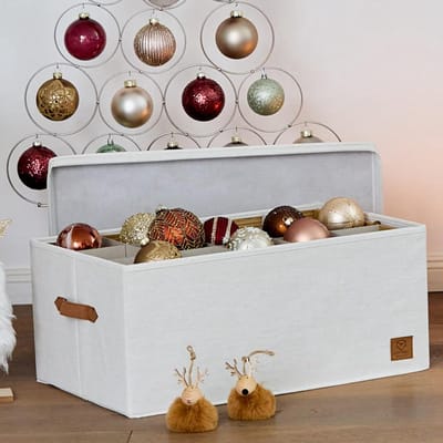 Famanu - Premium - Opbergdoos voor kerstballen, doos voor kerstboomversieringen van stof, 30 vakken, tray volledig uitneembaar, beige, 58 x 36 x 25 cm