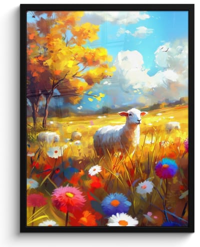 Poster in lijst - Fotolijst 50x70 cm - Posters - Schaap - Weide - Bloemen - Posterlijst zwart - Decoratie - Wanddecoratie woonkamer - Muurdecoratie slaapkamer