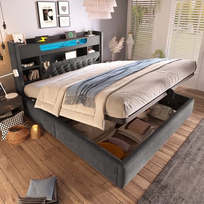 VVBV Gestoffeerd Opbergbed 180x200 cm - LED, USB-C, Hydraulische Opbergruimte, Lattenbodem, Linnen, Metaalframe, Zonder Matras