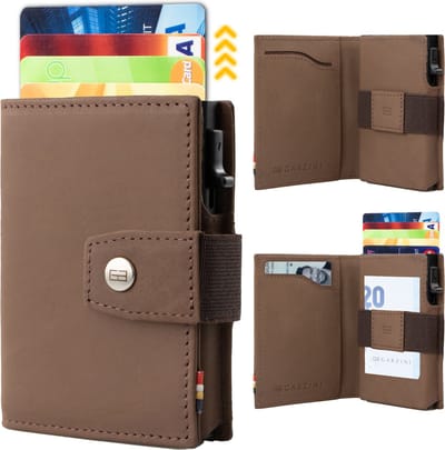 Garzini Premium Pasjeshouder Uitschuifbaar - Kaarthouder Pasjes - Pasjeshouder Mannen & Vrouwen - RFID Pasjeshouder - Creditcardhouder - 8 - 10 Pasjes - Briefgeld - Echt Leer & Metaal - Luxe Cadeau Man & Vrouw – Donkerbruin