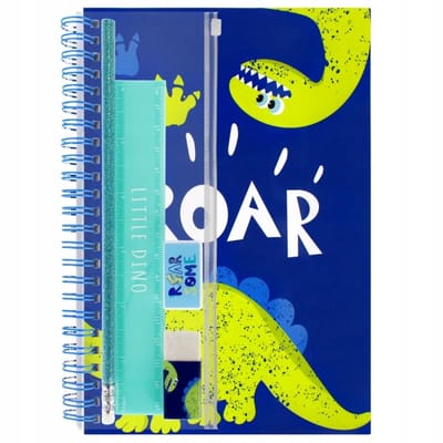 STARPAK Dino Schoolset: Notitieboek, Potlood, Gum, Puntenslijper, Liniaal, Etui