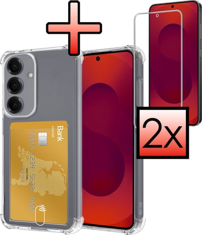 Hoesje - Geschikt voor Samsung Galaxy S25 FE - Met 2x Screenprotector - Pashouder - Kaarthouder - Telefoon Hoes Shockproof - Siliconen Case - Back Cover - Shock Proof - Pasjes Houder - Transparant