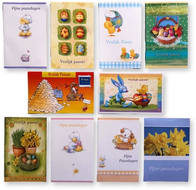 10 Vrolijke Paaskaarten - Vrolijk Pasen wenskaarten - 16x11cm - Luxe paaskaarten met envelop
