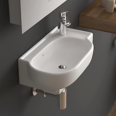 Ovale Mini Wastafel Links met Overloop - Keramiek Wandmontage voor Gastentoilet en Kleine Badkamer 45 cm