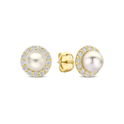 New Bling - 9NBG-0867 - 14K geelgouden Oorknoppen – Witte Parel met Zirkonia – Dames Oorbellen