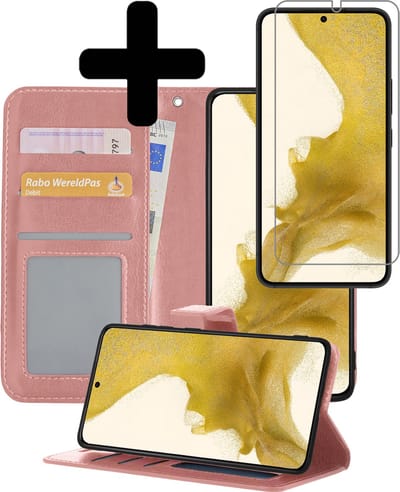 Hoesje - Met Screenprotector - Geschikt voor Samsung Galaxy S22 - Luxe Pasjeshouder - Bookcase Portemonee - Flip Case - Kunstleer Book Case - Flipcase - Book Cover - Walletcase - Portemonneehoes - Telefoonhoesjes - Lichtroze