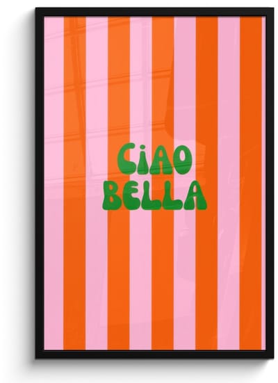Poster in lijst - Fotolijst 60x90 cm - Posters - Strepen - Oranje - Verticaal - Ciao bella - Posterlijst zwart - Decoratie - Wanddecoratie woonkamer - Muurdecoratie slaapkamer