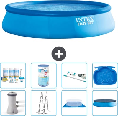 Intex Rond Opblaasbaar Easy Set Zwembad - 457 x 107 cm - Blauw - Inclusief Pomp - Ladder - Grondzeil - Afdekzeil Onderhoudspakket - Filter - Stofzuiger - Voetenbad