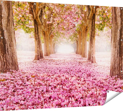 Gards Tuinposter Romantische Bomen Tunnel met Roze Anjers - 160x120 cm - Tuindoek - Tuindecoratie - Wanddecoratie buiten - Tuinschilderij