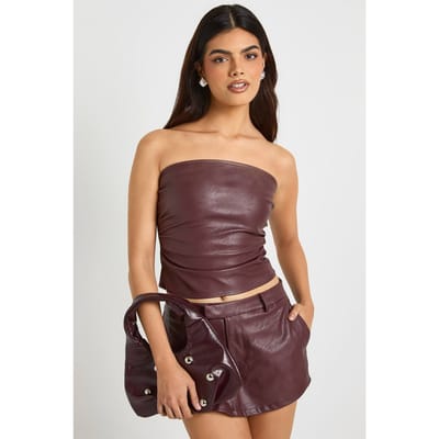 boohoo Dames Faux Leather Low Rise Skort | Wine | Maat: 12