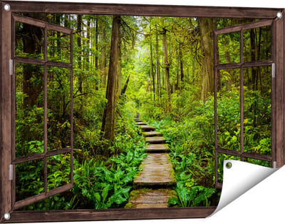Gards Tuinposter Doorkijk Voetpad in het Bos met Groene Planten - 90x60 cm - Tuindoek - Tuindecoratie - Wanddecoratie buiten - Tuinschilderij