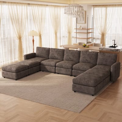 Guyii bank – Modulaire Hoekbank met Opbergruimte – Koffiekleurig Fluweel – Comfortabele 9-Zits bank met Voetensteun – Totale breedte sofa 365 cm
