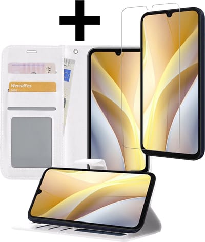 Hoesje - Met Screenprotector - Geschikt voor Samsung Galaxy A15 - Luxe Pasjeshouder - Bookcase Portemonee - Flip Case - Kunstleer Book Case - Flipcase - Book Cover - Walletcase - Portemonneehoes - Telefoonhoesjes - Wit