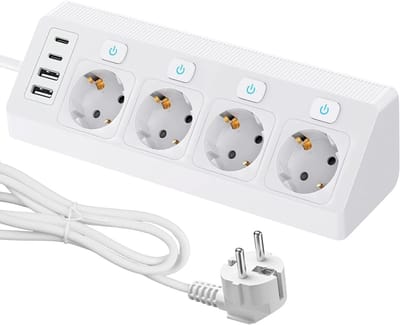 4-Weg Stopcontact met 2 USB en 2 USB-C, 8-in-1 Overspanningsbeveiliging, 2 meter Kabel, Ideaal voor Bureau en Keuken, Wandmontage, Wit