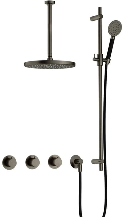 Hotbath Cobber - CB7067 - Inbouw Regendoucheset - Verouderd Ijzer - 2 Stopkranen - Thermostatisch - Plafondbuis 30 cm - Hoofddouche 200 mm - Ronde Handdouche 3 Standen - Glijstang 900 mm - Waterbesparend