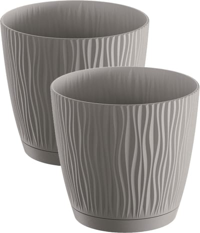 Prosperplast Plantenpot/bloempot Waves - 2x stuks - kunststof - steengrijs - D28 x H26 cm - binnen/buiten - met opvangschaal
