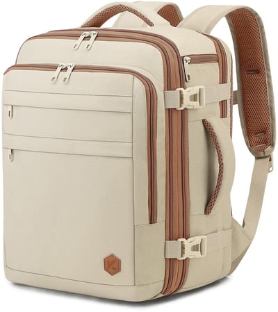 Dailygoods- Vliegtuigtas Uitbreidbaar 40x30x20 naar 40x30x25 - Handbagage 24L naar 30L - Geschikt voor Laptop 15,6 Inch - Reis Tas - Lichtgewicht Beigekleurig