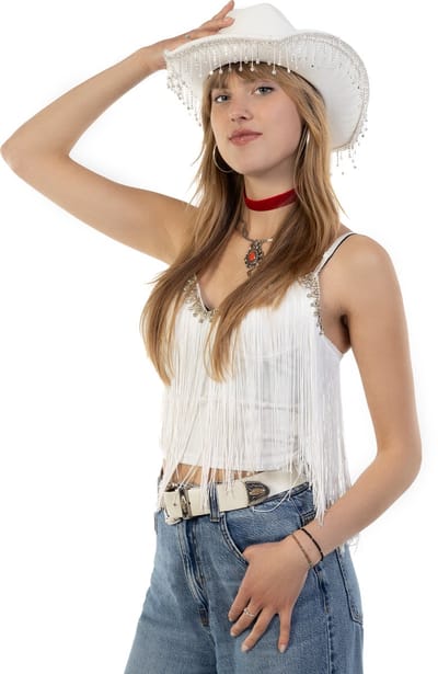 KIMU® Cowboyhoed Wit Strass Steentjes - Witte Cowboy Western Hoed Diamantjes Dames Heren - Cowgirl Diamant Bride to Be Yellowstone Festival