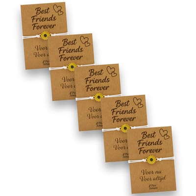 Vriendschapsarmbandjes voor 5 "Best Friends Forever" - Zonnebloem - BFF Armbandjes met Persoonlijk Cadeau Kaartje - Wit met Bloem Hanger - Op Vijf Kaartjes- Pax Amare