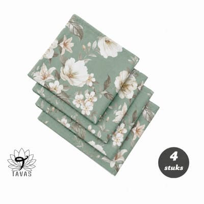 Tavas Servetten - 30 x 30 cm - Set van 4 stuks - Saliegroen - Vintage Blossom - Katoen