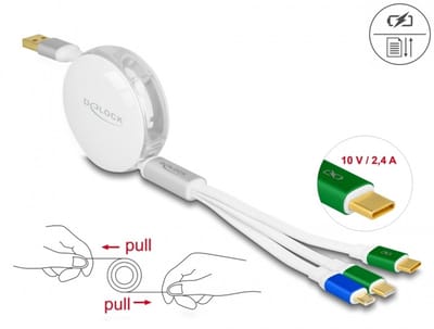 Delock USB 3 in 1 Retractable Charging Cable Type-A to Micro USB / 2 x USB Type-C™ with Fast Charging white