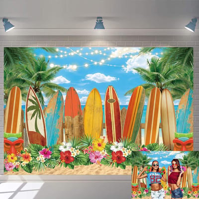 SnelShoppen - Summer Surfboard Party Achtergrond 7x5FT Aloha Tropische Palm Bloem Blauw Lucht Oceaan Surfs Up Hawaii Fotografie Achtergrond Feest Deco
