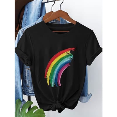 Kleurrijke Regenboog Streep Grafische Print T-shirt | Korte Mouw Ronde Hals Casual Top voor Lente/Zomer, Dameskleding XL zwart