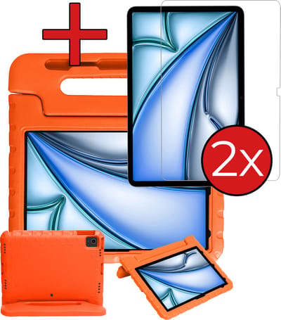 Hoesje - Geschikt voor Apple iPad Air (2024/2025/2026) - 13 inch - Met 2x Screenprotector - Kinderhoes - Shockproof Bumper - Kidsproof Case - Tablethoes - Kinder Hoes Cover - Oranje