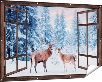 Gards Tuinposter Doorkijk Twee Herten in het Bos met Sneeuw - 150x100 cm - Tuindoek - Tuindecoratie - Wanddecoratie buiten - Tuinschilderij