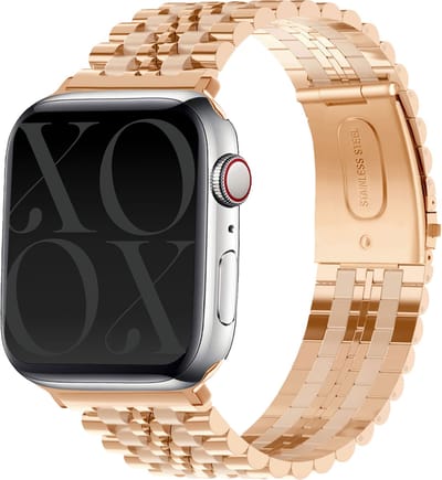 xoxo Wildhearts stalen bandje - Geschikt voor Apple Watch - Series 1/2/3/4/5/6/7/8/9/10/SE/Ultra (2) - Maat: 44 mm / 45 mm / 46 mm / 49 mm - Hoogwaardig RVS Staal - Horlogeband - incl. horloge inkorter - Rosé Goud