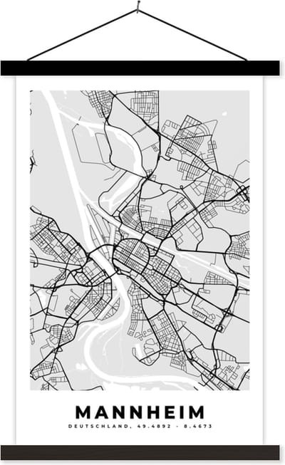 Posterhanger incl. Poster 40x60 cm - Schoolplaat - Stadskaart - Manheim - Kaart - Duitsland - Plattegrond - Textielposter - Zwarte latten - Stadskaart