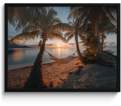 Poster in lijst - Fotolijst 70x50 cm - Posters - Palmbomen - Hangmat - Strand - Zonsondergang - Posterlijst zwart - Decoratie - Wanddecoratie woonkamer - Muurdecoratie slaapkamer