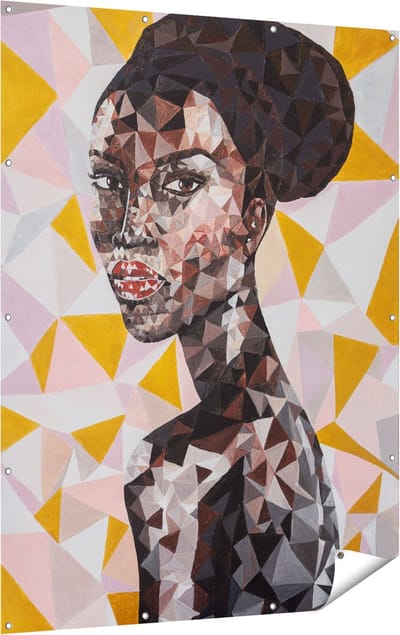 Gards Tuinposter Afrikaanse Vrouw in Driehoekjes - Abstract - 120x160 cm - Tuindoek - Tuindecoratie - Wanddecoratie buiten - Tuinschilderij