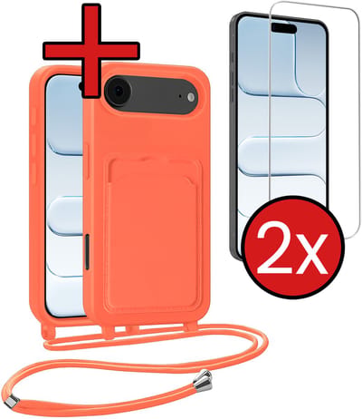 Hoesje Geschikt voor iPhone Air Hoesje Met Telefoonkoord en Pasjeshouder Met 2x Screenprotector Siliconen - Hoes Geschikt voor iPhone Air Hoesje Met Kaarthouder Case - Papaya