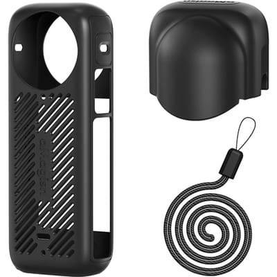 Étui de protection en silicone pour appareil photo panoramique aMagisn + capuchon d'objectif en silicone avec dragonne noir