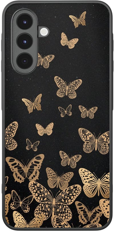 Leuke Telefoonhoesjes - Hoesje geschikt voor Samsung Galaxy A16 - Vlinders - Backcover zwart - Print / Illustratie - Zwart, Goud