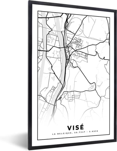 Fotolijst incl. Poster Zwart Wit- België – Visé – Stadskaart – Kaart – Zwart Wit – Plattegrond - 40x60 cm - Posterlijst
