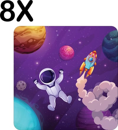 Luxe Placemat - Astronaut - Ruimte - Planeten - Getekend - Set van 8 Placemats - 50x50 cm - 2 mm dik Vinyl - Anti Slip - Afneembaar
