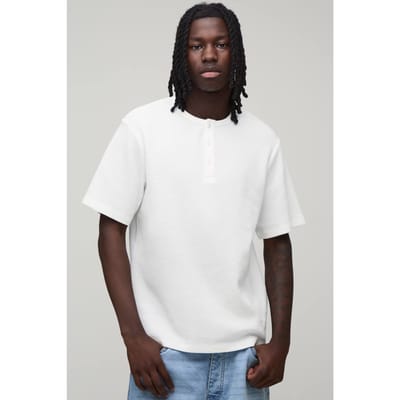 Regular Fit Waffle Henley T-Shirt | White | Size Small