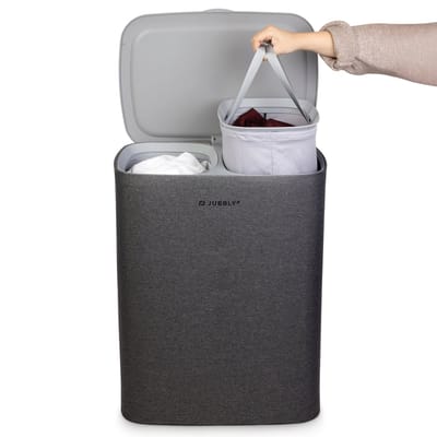 Jubbly® - Wasmand - Wassorteerder - Wasmand met Deksel - Wasmand 2 vakken - Wasmand opvouwbaar - Wasbox - 50 Liter - Grijs - The Splitsmart