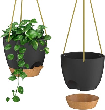 Famanu - Set van 2 hangende plantenpotten met irrigatiesysteem 20 cm donkergrijs