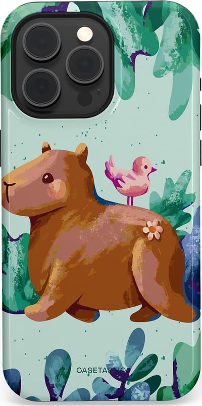 Casetastic Hoesje Geschikt voor Apple iPhone 15 Pro Max Magsafe - Stijlvolle Beschermende Duo-layer Case - Capibara Vogeltjes Vriend