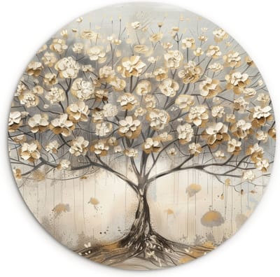 WallCircle® Wandcirkel 120x120 cm - Muurcirkel Boom - Beige - Goud - Verflook - Bos - Bloemen - Landschap - Aardetonen - Muurdecoratie woonkamer cirkel - Wanddecoratie slaapkamer - Kamer decoratie accessoires - Ronde schilderijen binnen