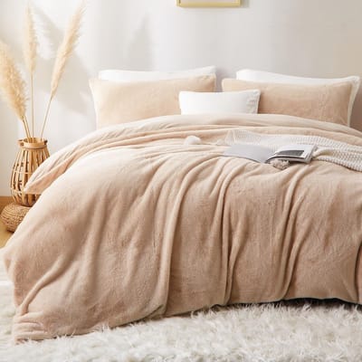 SnelShoppen - Pluche Dekbedovertrek Set 135 x 200 cm Beige/Wit met Ritssluiting, 1 Kussensloop 80 x 80 cm, Warm Fleece Flanel Beddengoed voor Winter,