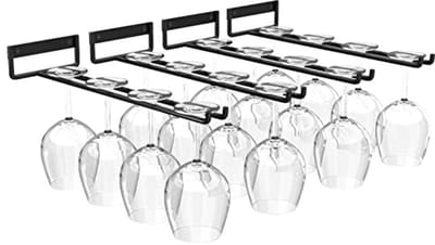 longziming -4x Wijnglashouder Onderbouw – Hangend Wijnglasrek voor 3-5 Wijnglazen – Metalen Wijnrek voor Keuken, Kast en Thuisbar – Zwart