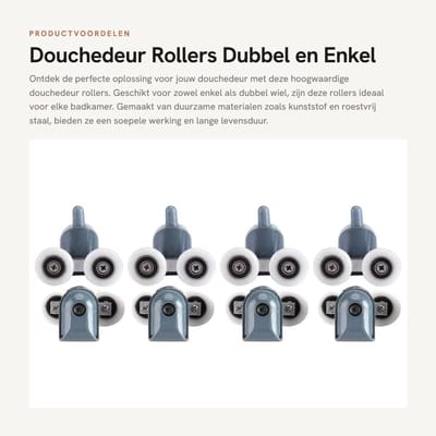 Dailygoods- Douchedeurrollers 8 Stuks - Dubbel Wiel - Kunststof/Nylon - Roestvrij Staal - Voor Glas van 10-12mm - Inclusief Schroeven/Afdekdoppen - Douchedeurwielen